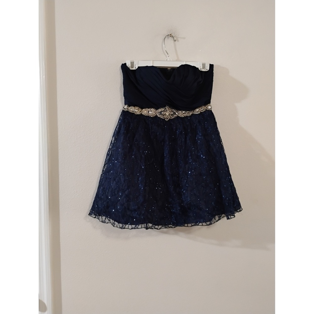 My Michelle Navy Blue Strapless Glitter Lace Rhinestone Cocktail Dress Size 11